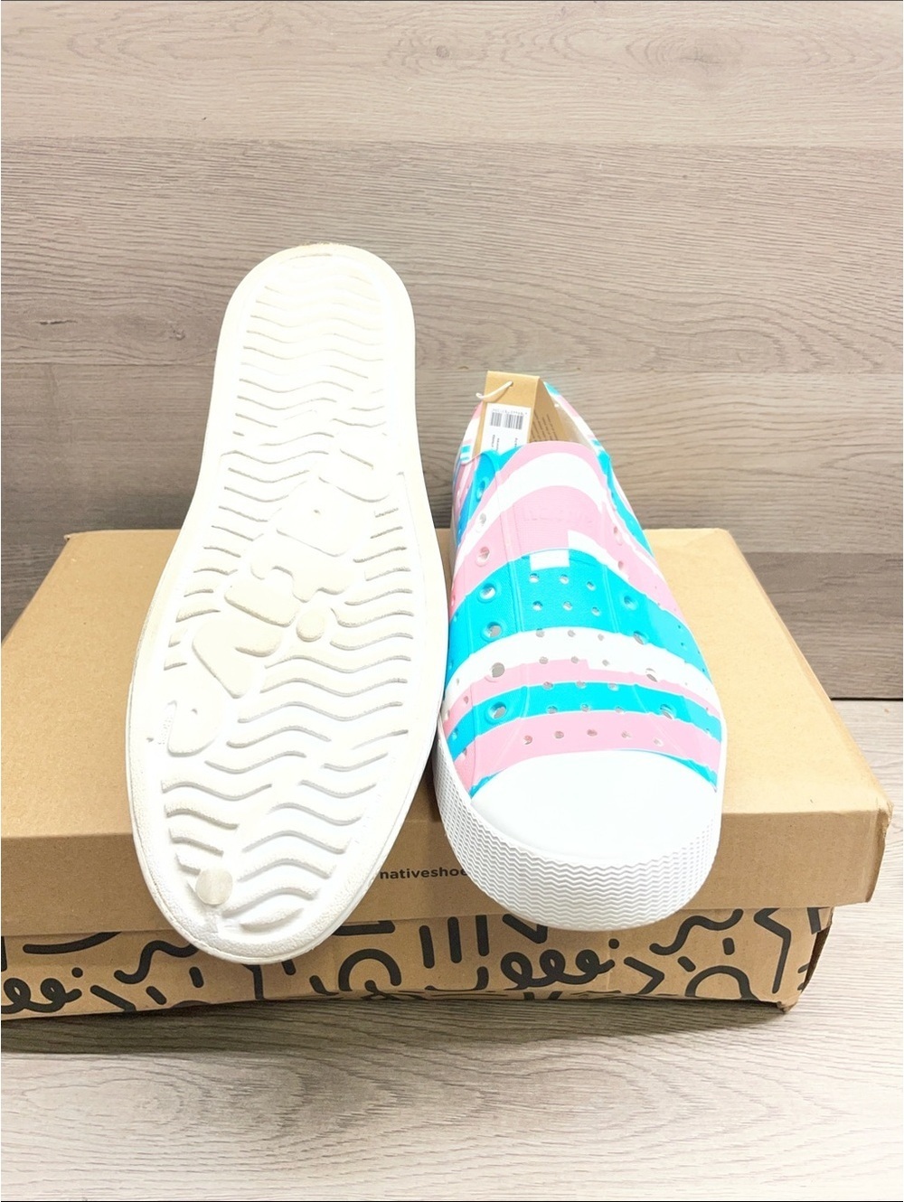 Native Shoes Men’s Slip-On Sneakers in Turquoise & Pink & White #382
